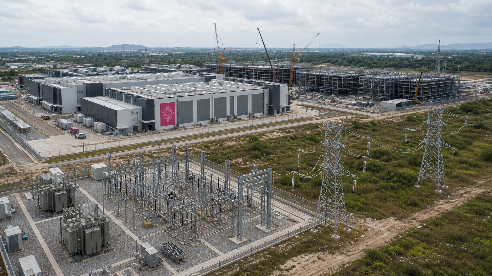 Aerial view of a data centre campus under construction with electrical substation and power pylons in the foreground