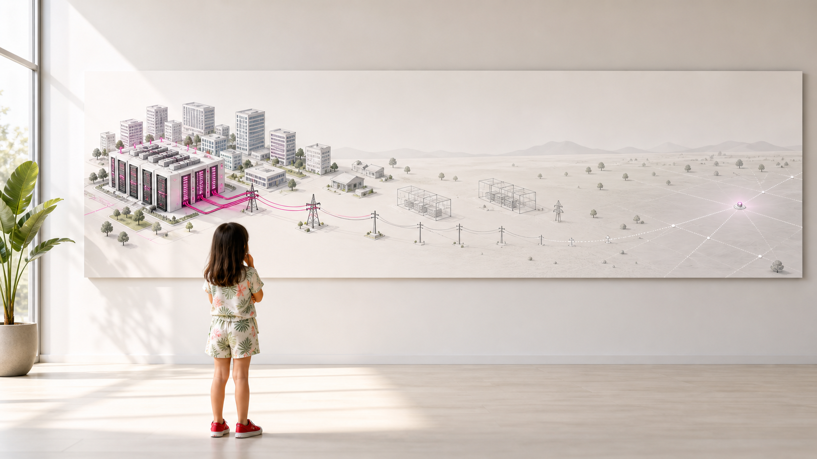 A child with red shoes stands before an isometric map showing AI data centre infrastructure connected on the left, grid fading to emptiness on the right — illustrating Asia's AI infrastructure gap