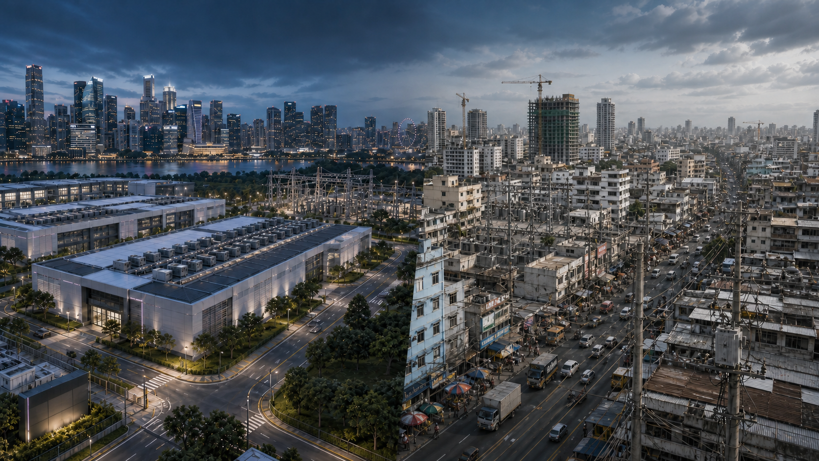 Split image showing advanced AI data centre infrastructure on the left and developing market urban infrastructure on the right, illustrating the two-tier system emerging across Asia-Pacific