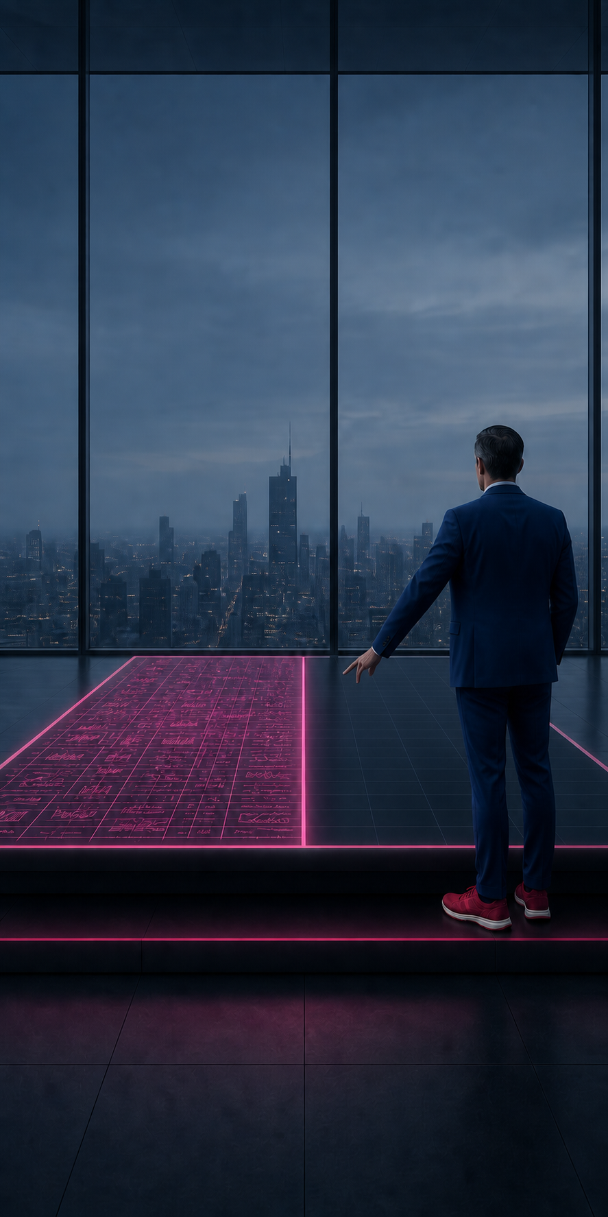 Executive in navy suit with red sneakers standing before a glowing fuchsia installation on a raised platform in a glass-walled office at dusk, city skyline behind — one side of the surface annotated, the other blank.