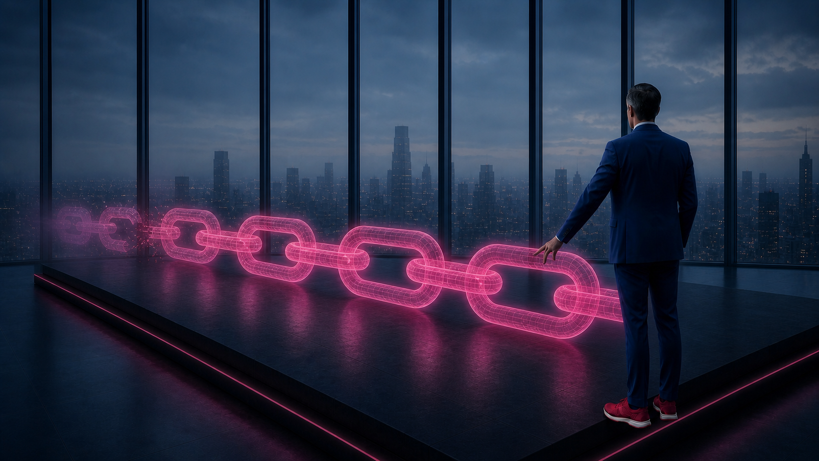 Executive in navy suit with red sneakers tracing a glowing fuchsia chain across a raised platform, city skyline at dusk behind — illustrating the vendor chain accountability gap.