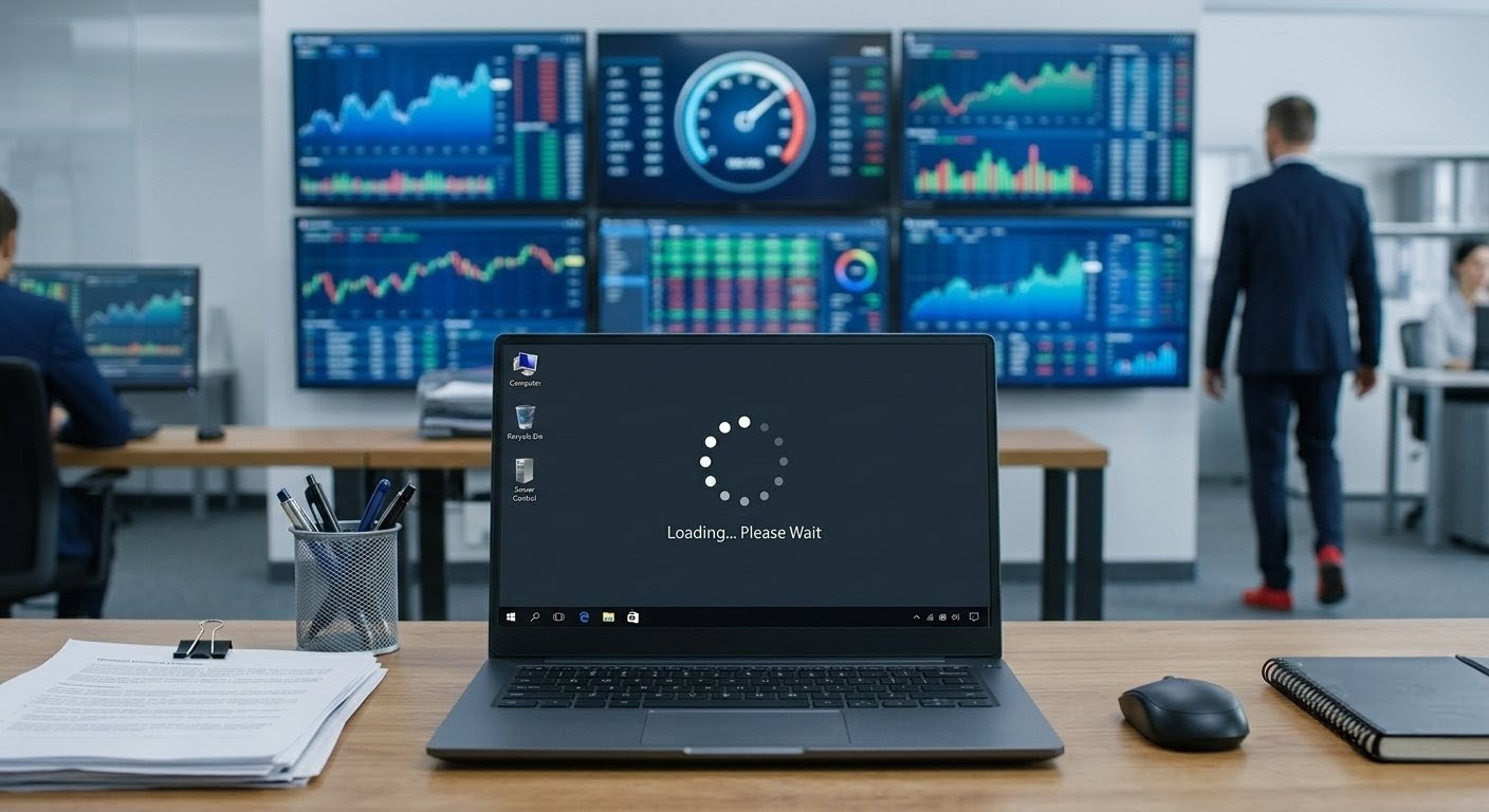 A corporate laptop with a Windows 10 loading screen sits on a desk in a financial services office. Behind it, dual monitors show financial market data and risk dashboards. A figure with red shoes is visible in the background.