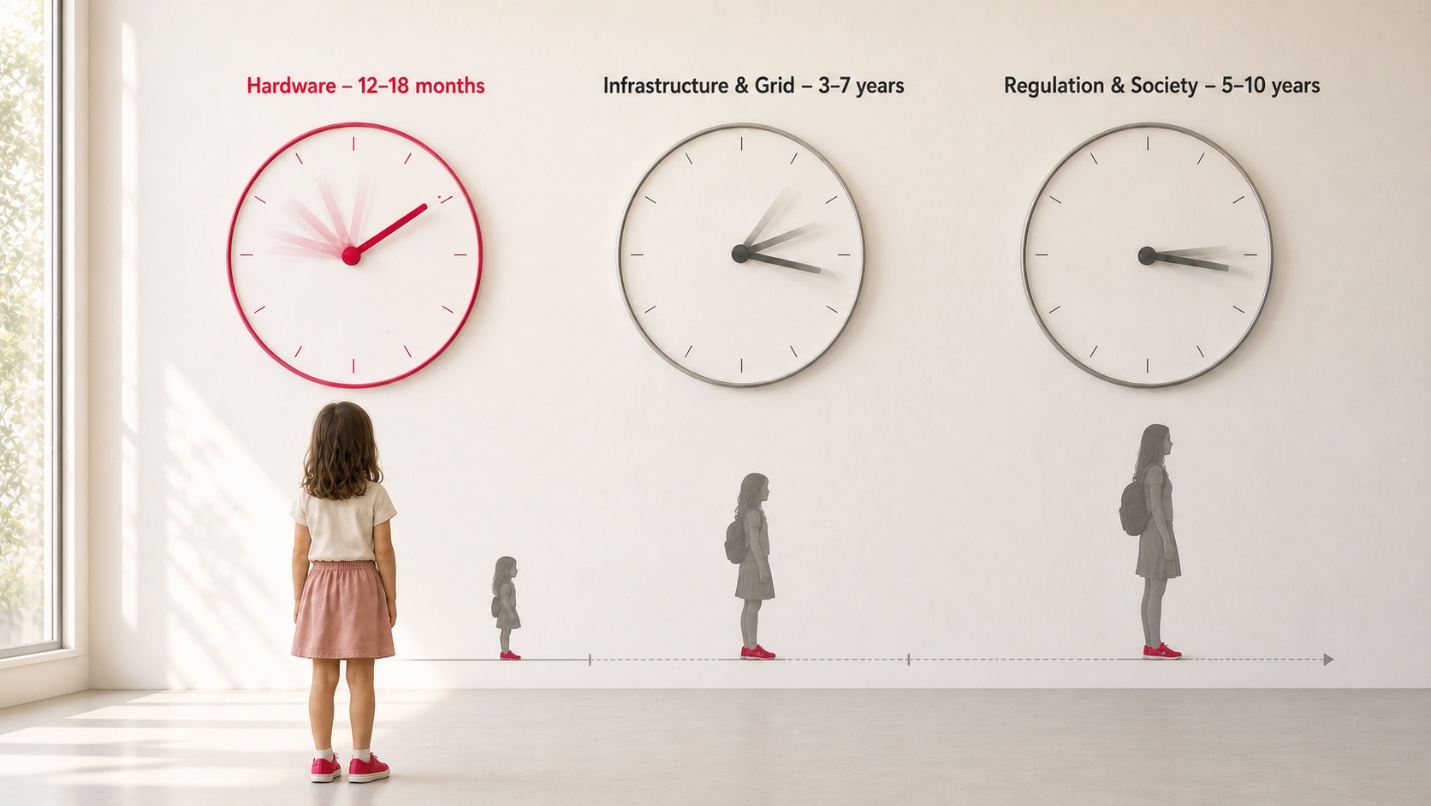 Three clocks on a wall showing Hardware 12–18 months, Infrastructure & Grid 3–7 years, Regulation & Society 5–10 years, with a child figure growing across the timeline.
